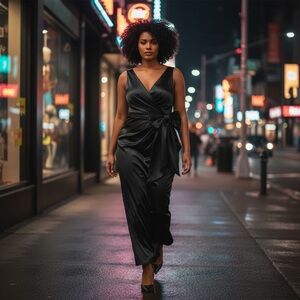 Miss Veil Black V-Neck Satin Black Tie Gala Gown Removable Bow w/ Pockets Sz 24